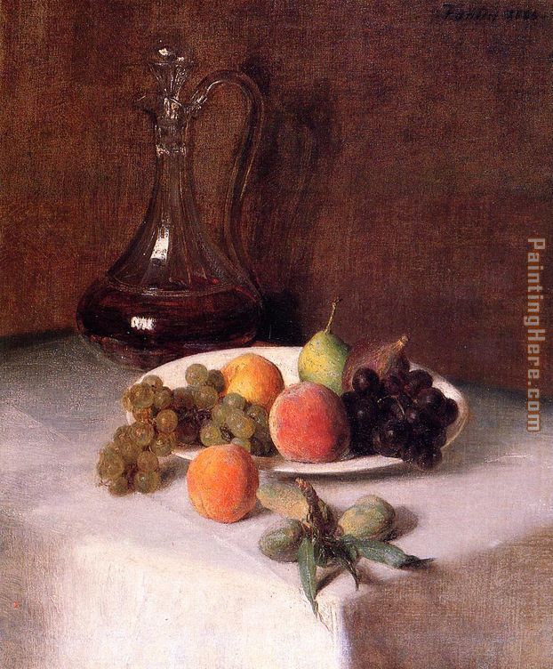 A Carafe of Wine and Plate of Fruit on a White Tablecloth painting - Henri Fantin-Latour A Carafe of Wine and Plate of Fruit on a White Tablecloth art painting